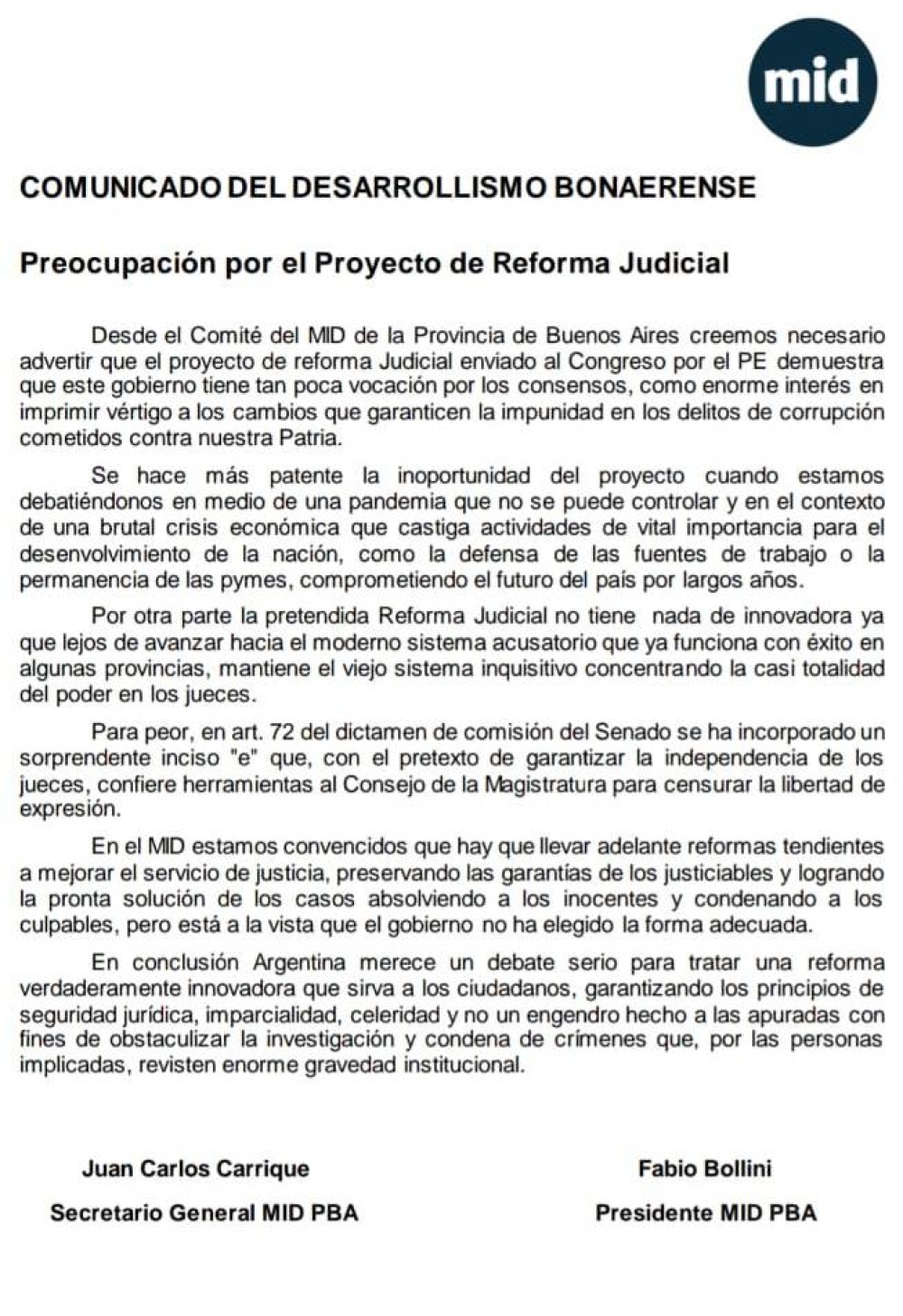 EL MID SE PRONUNCIÓ EN CONTRA DE LA REFORMA JUDICIAL IMPULSADA POR EL GOBIERNO