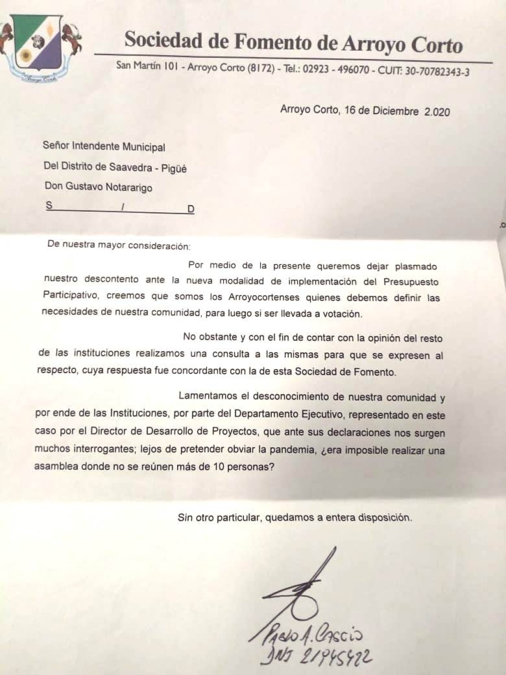 ARROYO CORTO LAMENTÓ ”EL DESCONOCIMIENTO DEL EJECUTIVO HACIA SU COMUNIDAD”