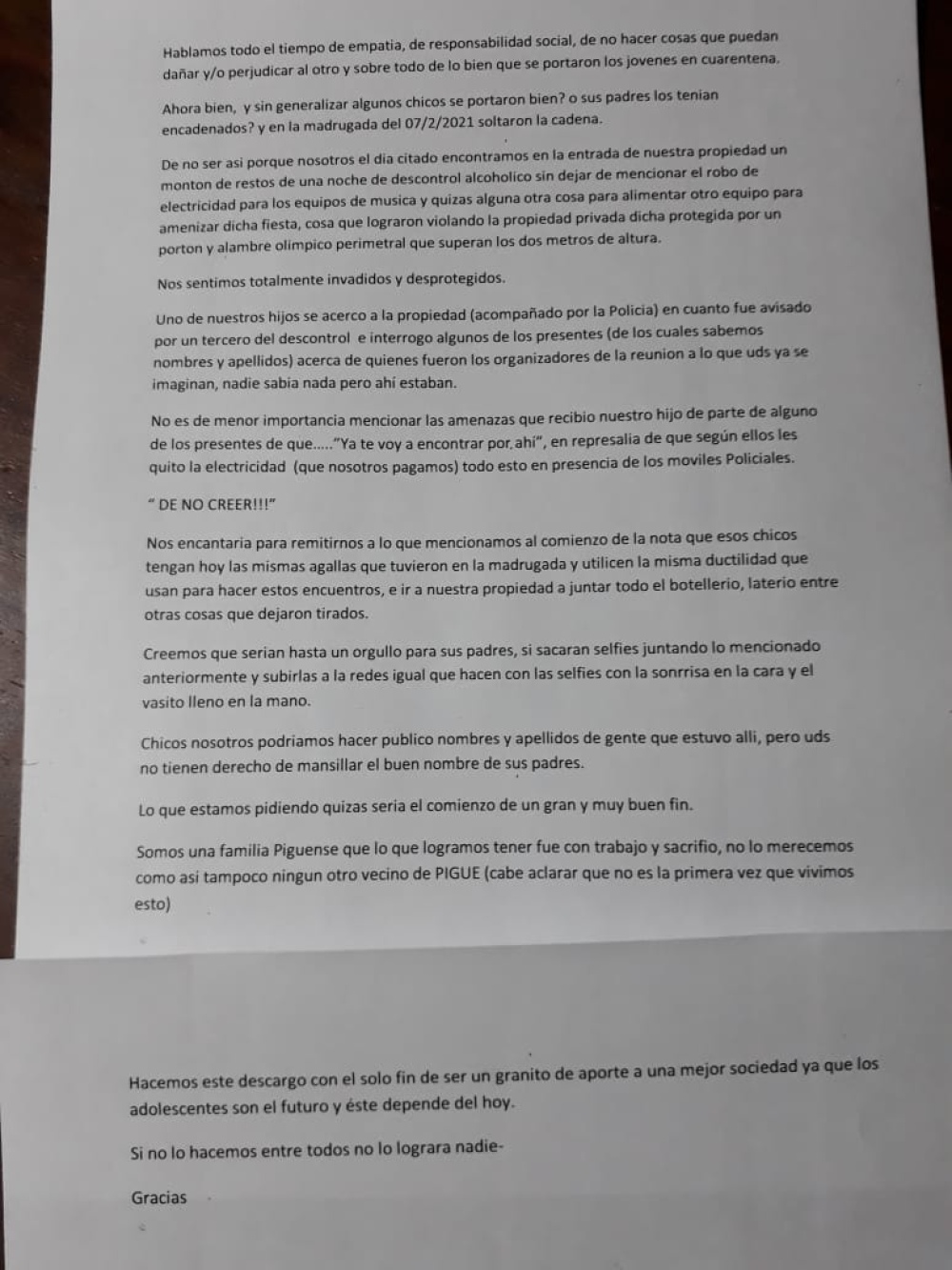 DESCONTROL ALCOHOLICO, INVASIÓN DE PROPIEDAD Y AMENAZAS EN UNA FIESTA