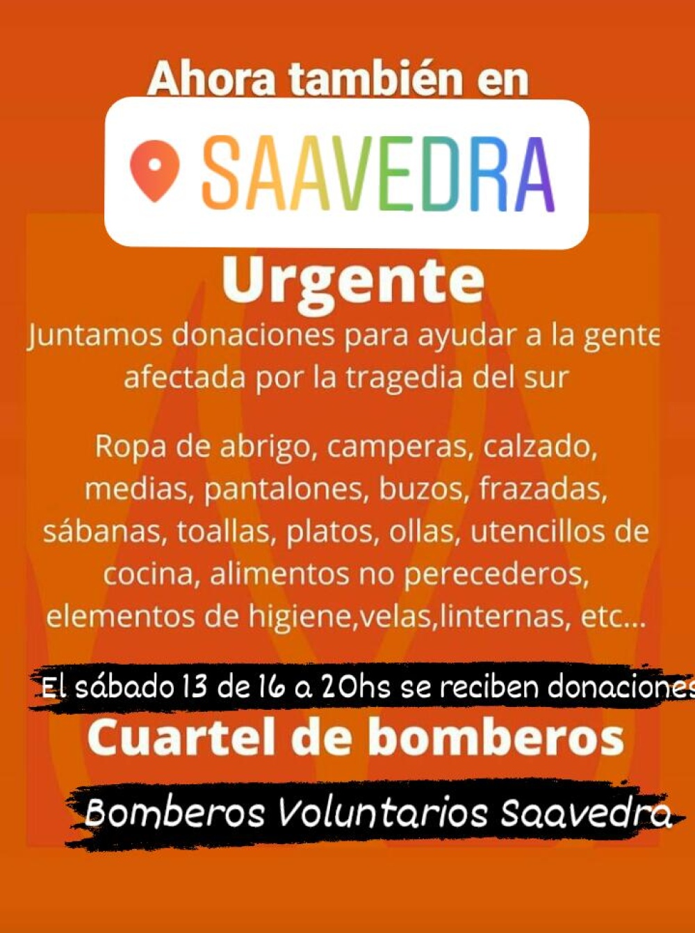 SAAVEDRA: CAMPAÑA PARA LOS AFECTADOS POR LOS INCENDIOS DEL SUR