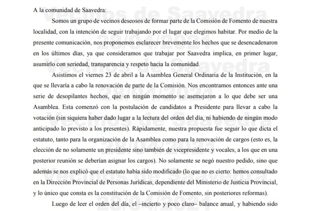 Saavedra: sigue la polémica por la renovación de la comisión de fomento