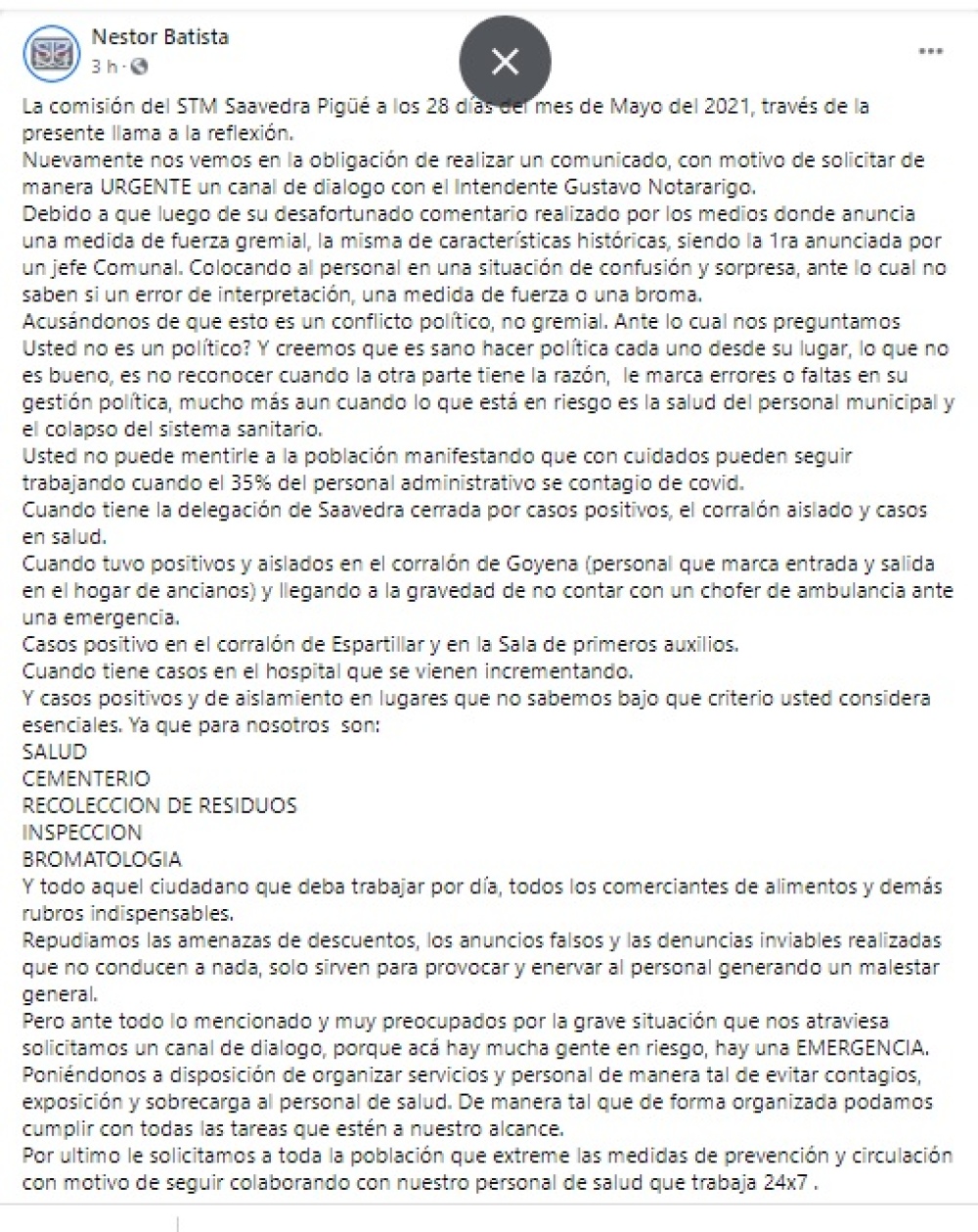 El STM pidió ”diálogo con el intendente”