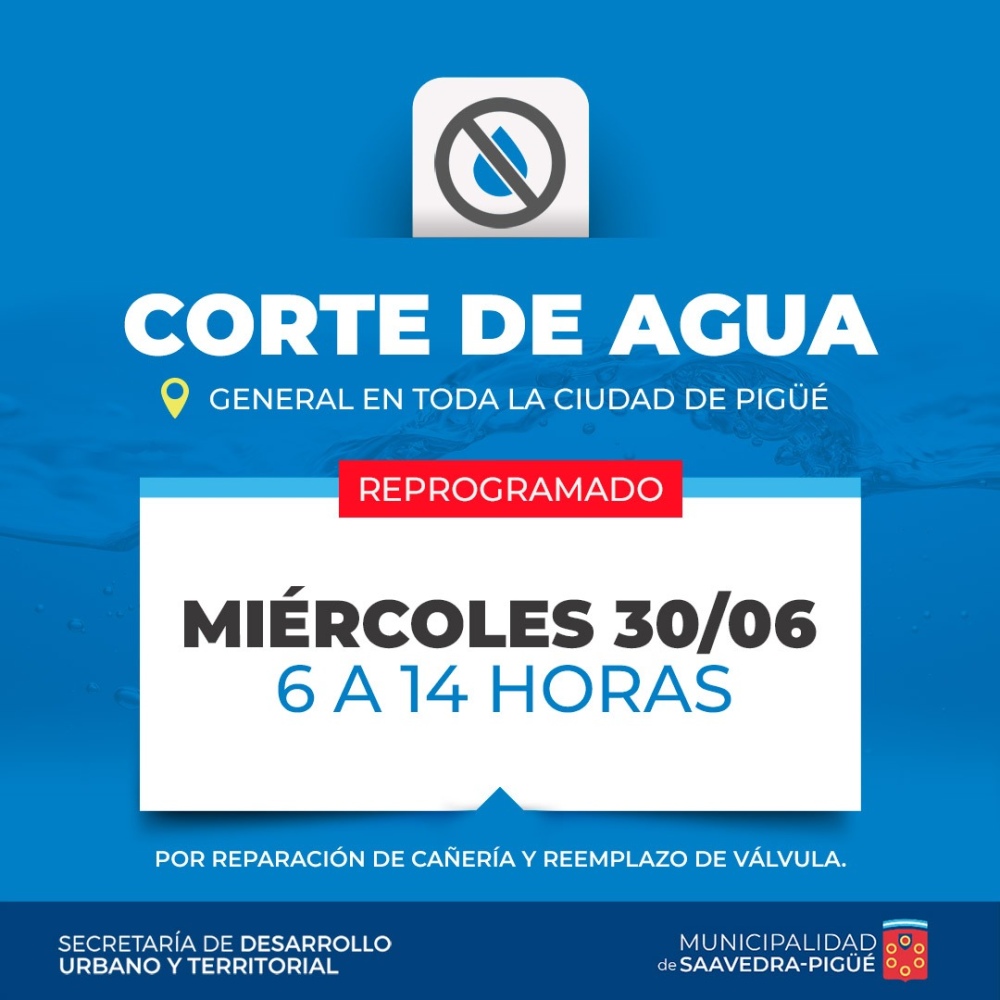 MIÉRCOLES: Corte general de agua
