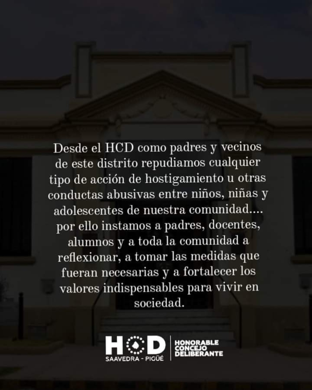 El HCD repudió ”el hostigamiento entre niños y adolescentes”