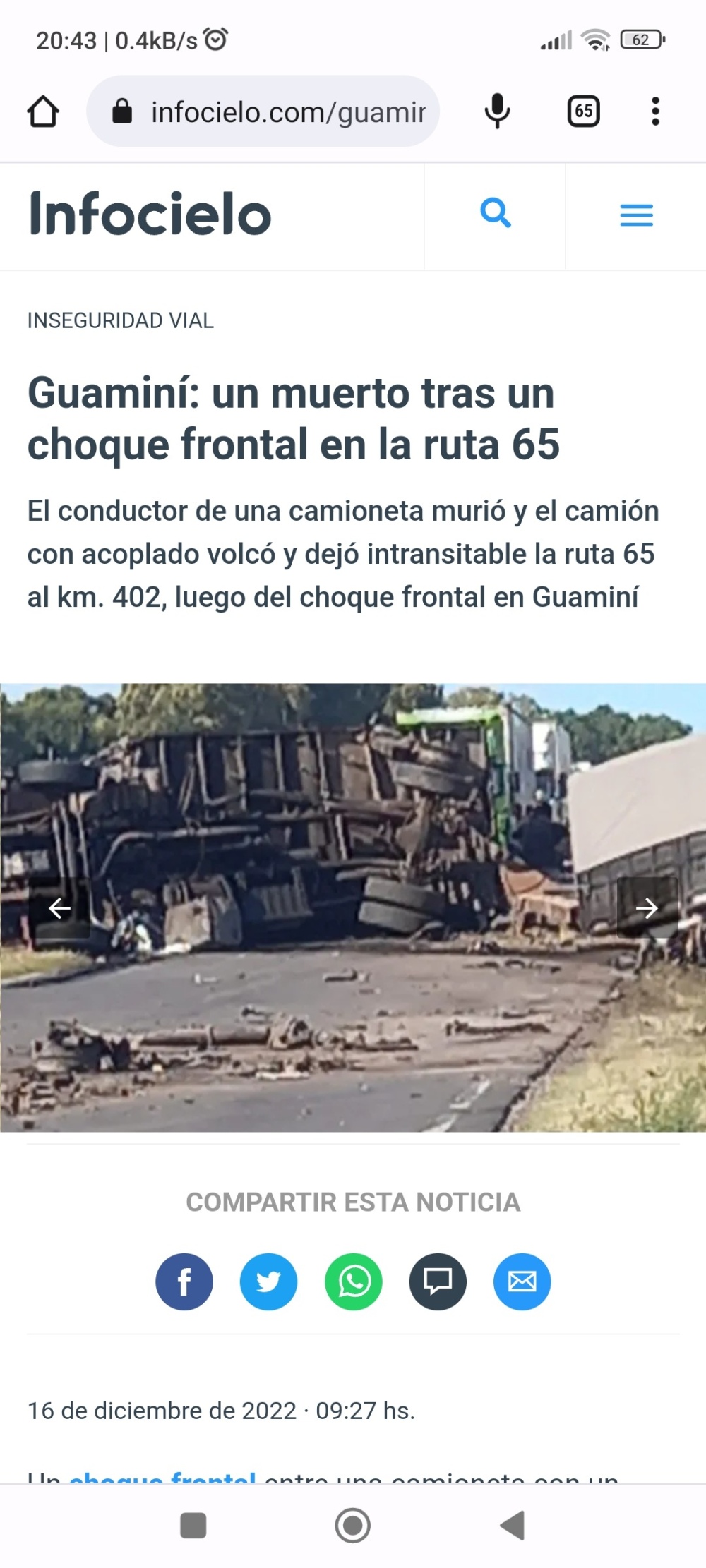 Un saavedrense falleció al chocar en la ruta 65