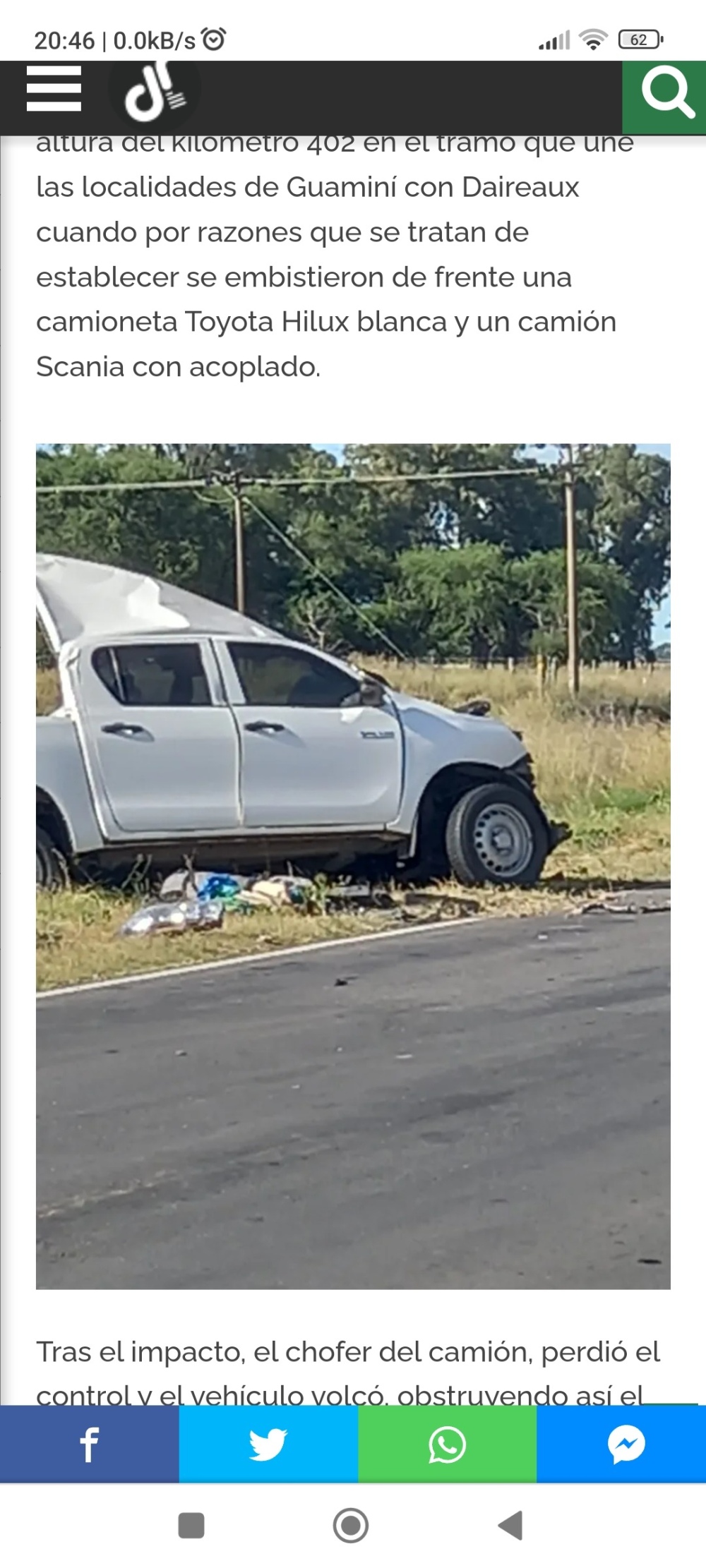 Un saavedrense falleció al chocar en la ruta 65