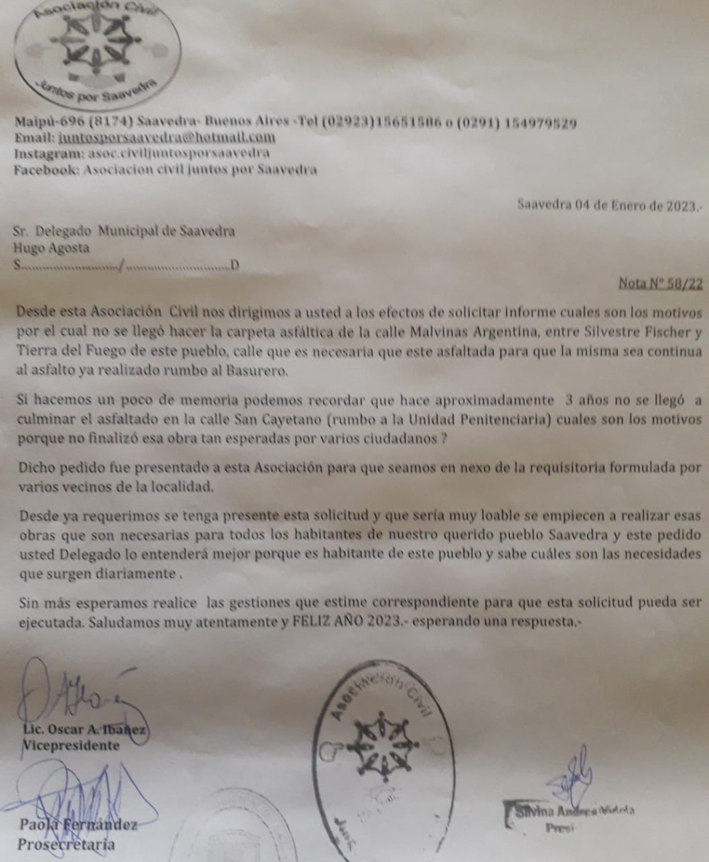 Saavedra: Vecinos piden asfalto para la calle Malvinas Argentinas