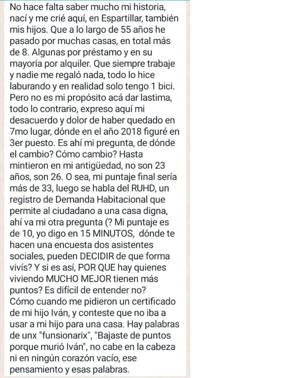 Espartillar: Vecina reclama por falencias en el listado de aspirantes a viviendas