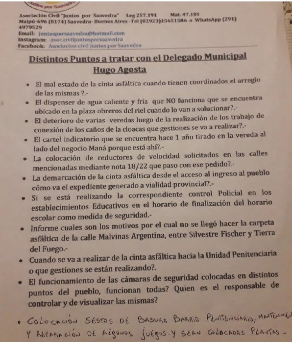 Saavedra: Agosta respondió sobre algunos reclamos de vecinos