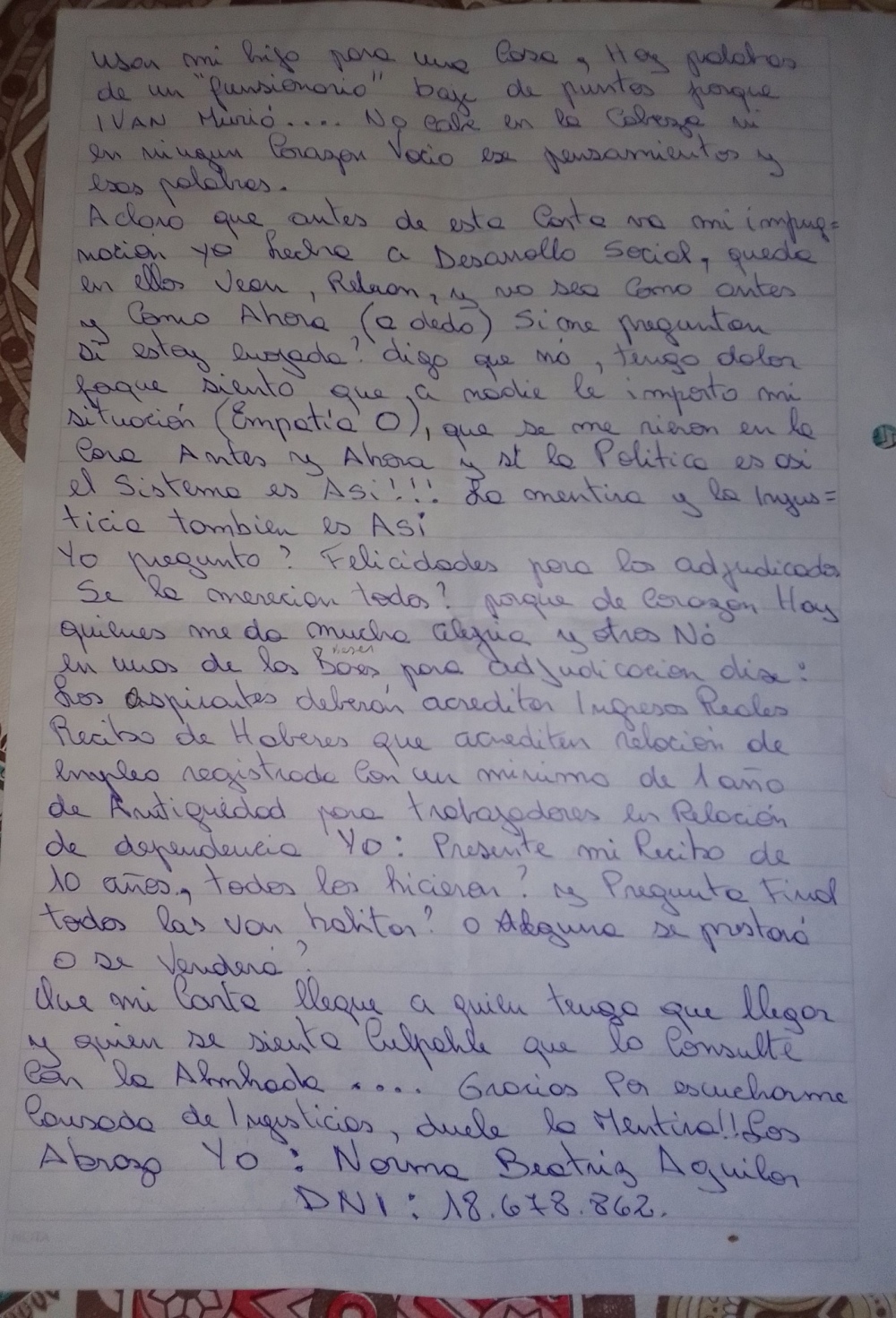 La vecina Norma Aguilar  hizo un descargo público por las casas de Espartillar: ”doy por finalizada mi lucha”