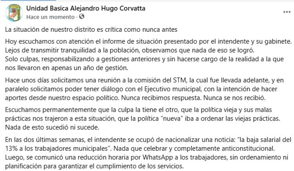 Unidad Básica “Hugo Alejandro Corvatta” tras el informe del Ejecutivo: “La situación de nuestro distrito es crítica”