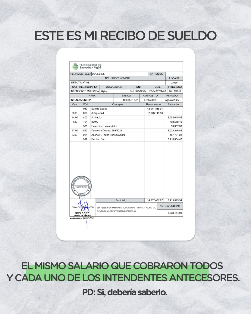 Nebot desmintió a Casabone y respondió a través de sus redes sociales