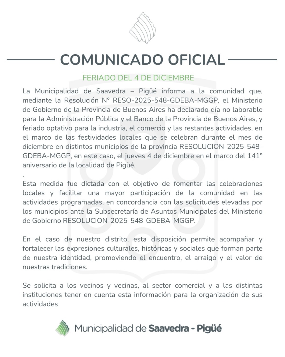 Feriado por el 141° aniversario de Pigüé: la Provincia declaró no laborable el 4 de diciembre