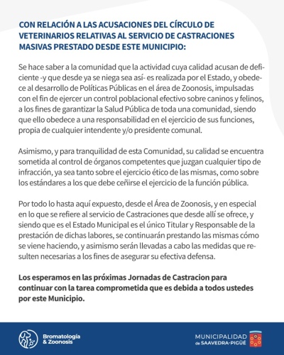 El municipio respondió sobre las castraciones: "órganos competentes las juzgan"