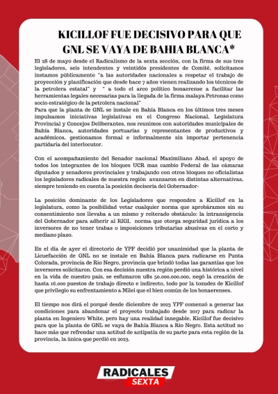 UCR Sexta Sección: "Kicillof fue decisivo para que la planta de GNL se vaya de Bahía Blanca"