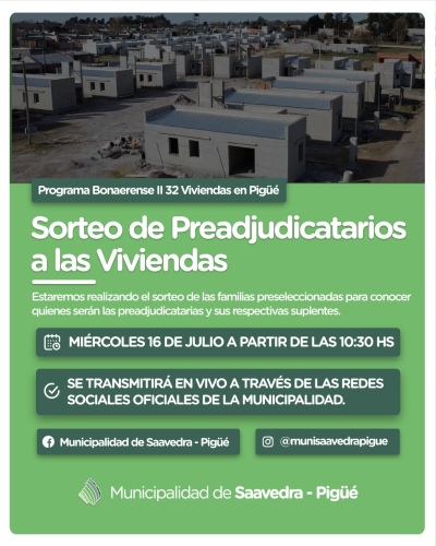 Sorteo de las 32 viviendas del Programa Bonaerense II en Pigüé